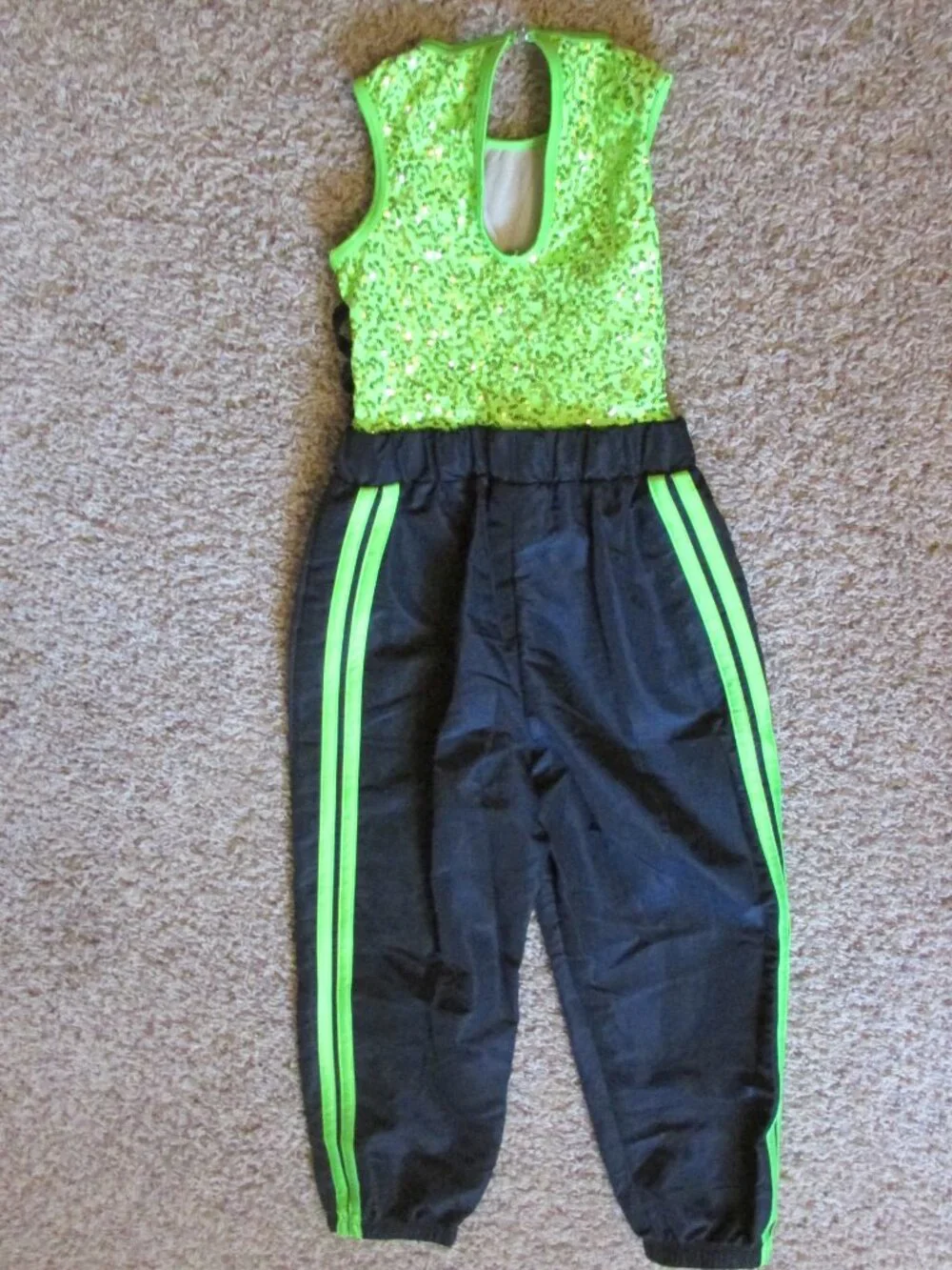 NWOT Weissman IC Black Bright Green Sequin Dance Jazz Outfit One Piece Jumpsuit